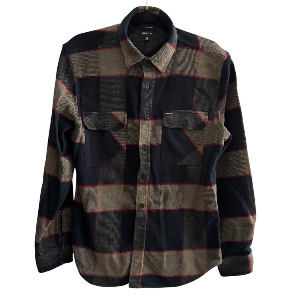 Brixton Bowery Flannel Shirt Mens Medium Olive Black Red Plaid Button Down